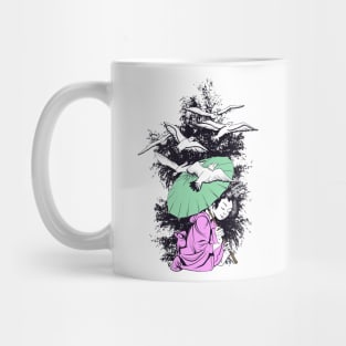 Geisha With Umbrella & Birds Mug